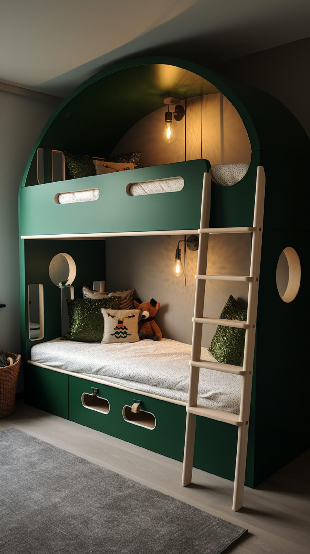 Modern green high sleeper bed for adults built into an arched alcove with wooden ladder, pendant lights, and cozy bedding.