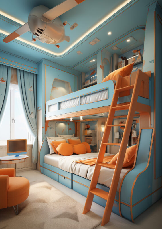 "Sophisticated aviation-themed high sleeper beds for adults featuring blue and orange color scheme, airplane ceiling fixture, built-in storage, and angled ladder."