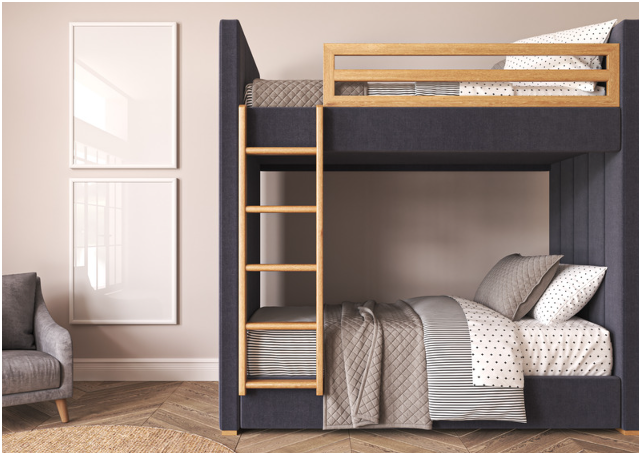 Modern High Sleeper Beds for Adults with wooden frame and dark fabric finish in an adult bedroom.