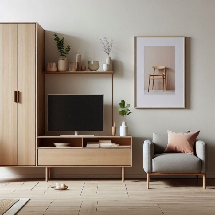 Sleek, minimalist cabinet with clean lines in a small, modern living room, featuring light colors, natural textures, and a few decorative items on the shelves.