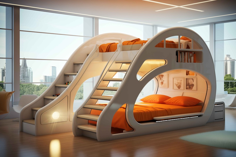 Modern space saving beds with orange bedding and built-in shelves in a bright room.