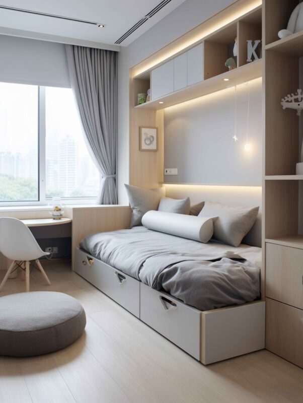 Modern bedroom with a space saving beds, storage drawers, shelves, a desk, and large window.