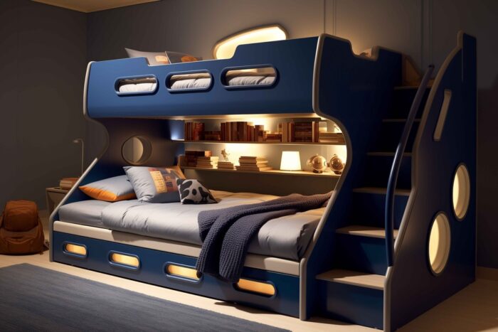 Modern space saving beds with integrated shelving and lighting.