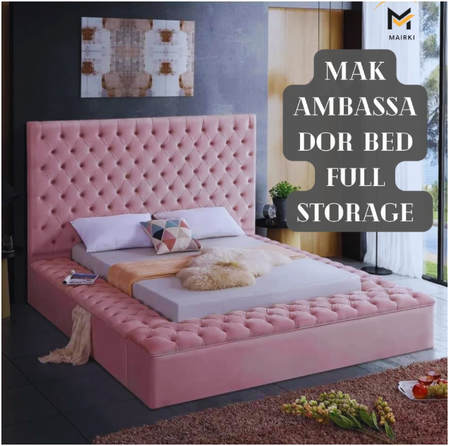 Pink tufted super king size bed with full storage in a modern bedroom.