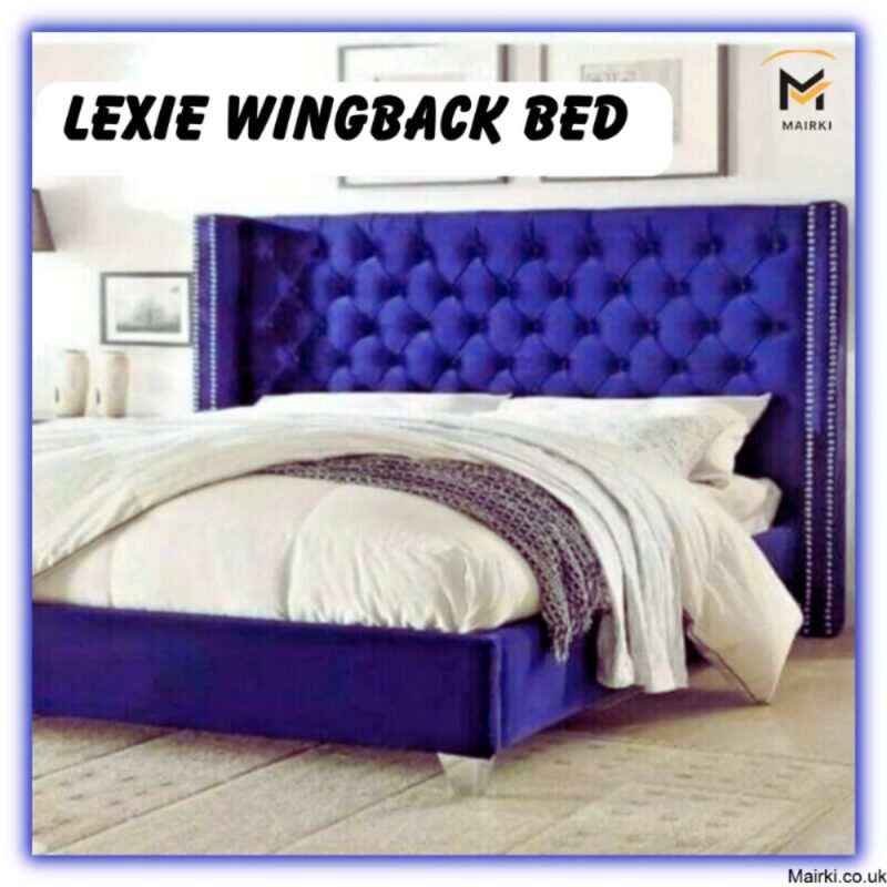 Luxurious super king size wooden bed frame with a blue tufted wingback design and white bedding in a stylish bedroom.