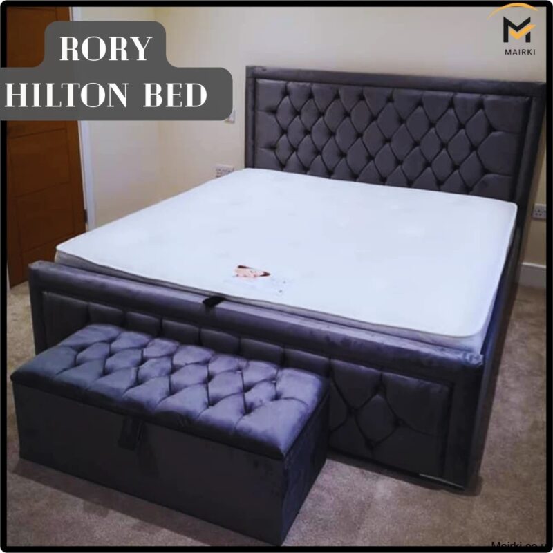 Super King Size Wooden Bed Frame with tufted dark gray upholstery.