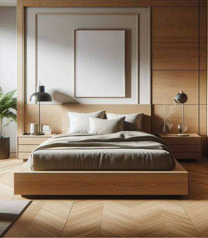 Minimalist bedroom with wooden bed, nightstands, lamps, a plant, and neutral decor.