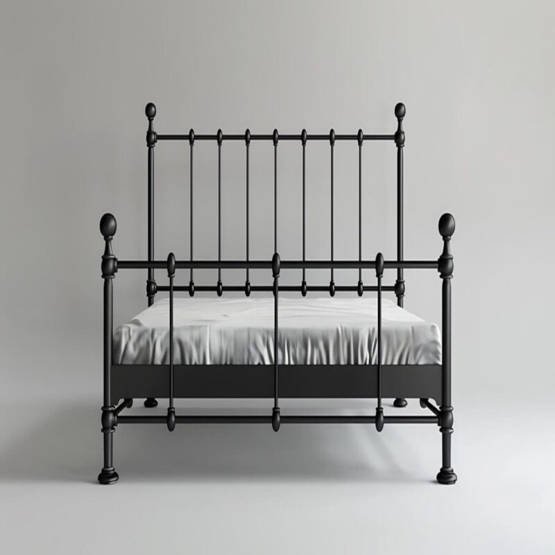 Black metal bed frame with vertical rods and rounded finials.