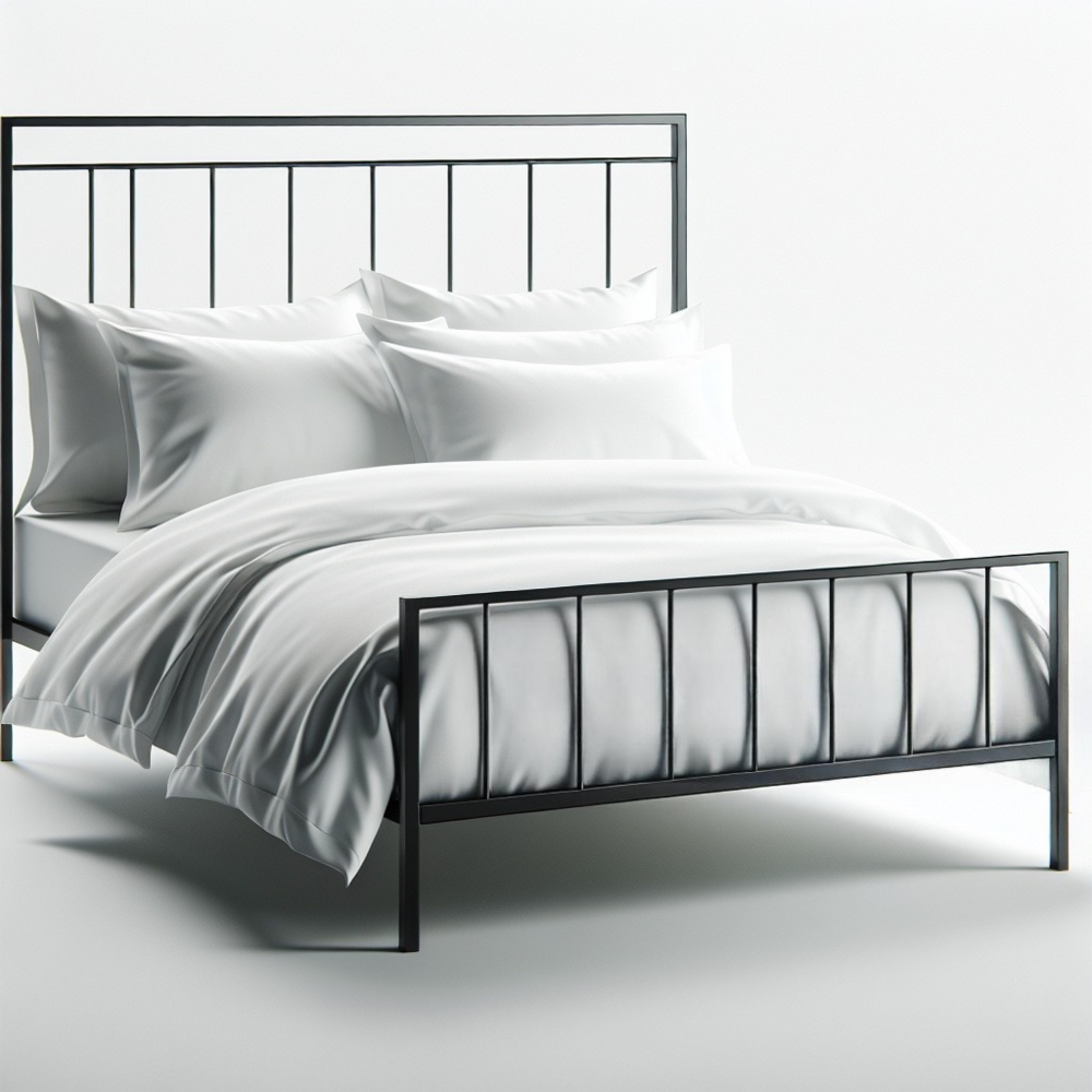 Black metal bed frame with white bedding.