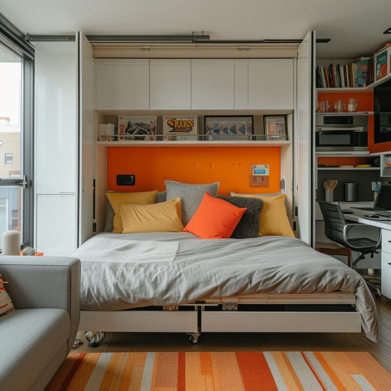 Stylish room with Murphy bed, desk, and vibrant orange decor.