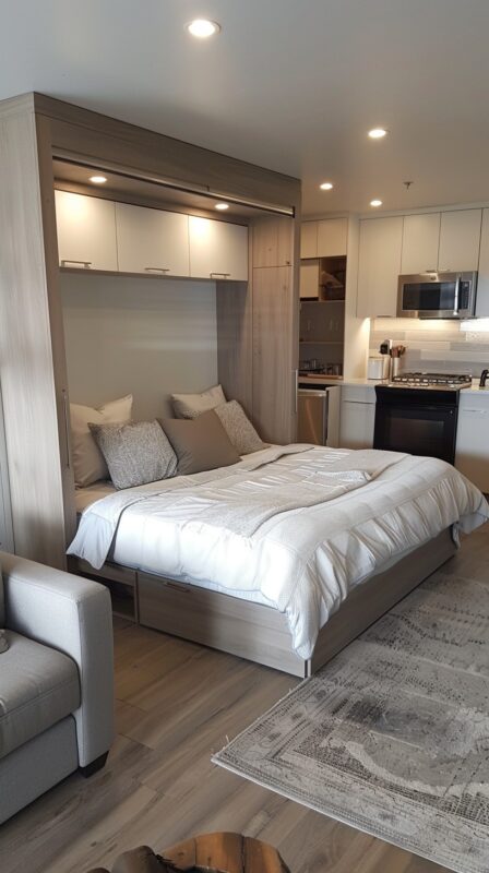 Murphy bed desk in a modern apartment living space with kitchen area.