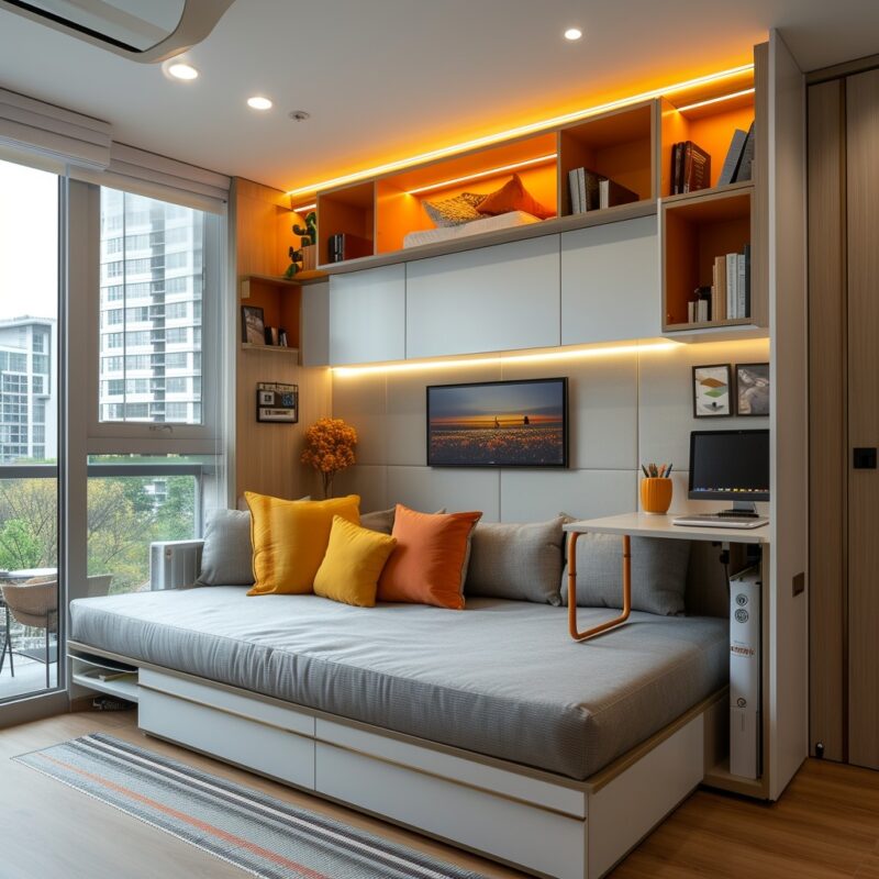 A multifunctional living space with a Murphy bed desk, and orange accents.