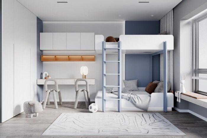 Children's bedroom with high sleeper with desk, light gray accents, and large windows.