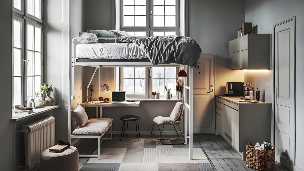 High sleepe with desk underneath, next to a window and a kitchenette