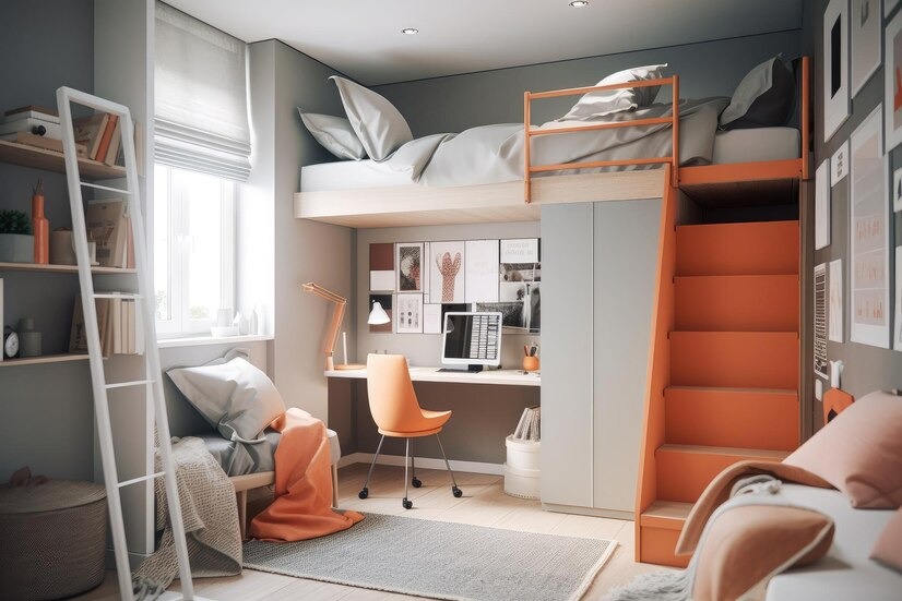 Cozy room with a high sleeper with desk below, featuring orange accents and modern decor.