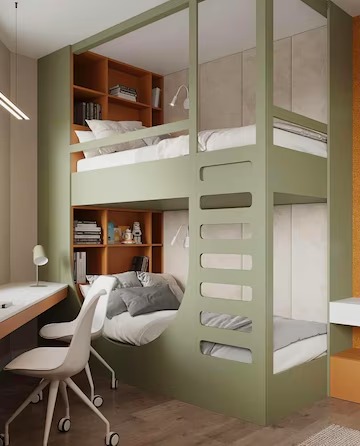 Bedroom with a green high sleeper with desk.