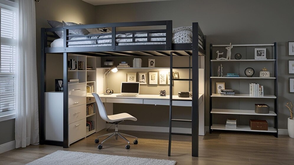 High sleeper with desk underneath, featuring bookshelves and decor.