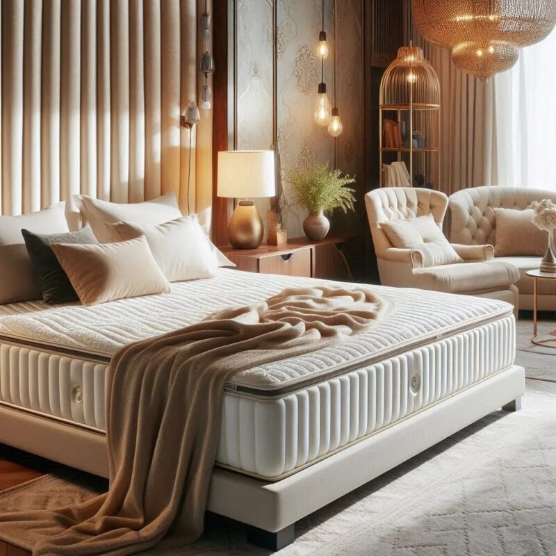 Bedroom with king-size bed and mattress, pendant lights, and beige decor.