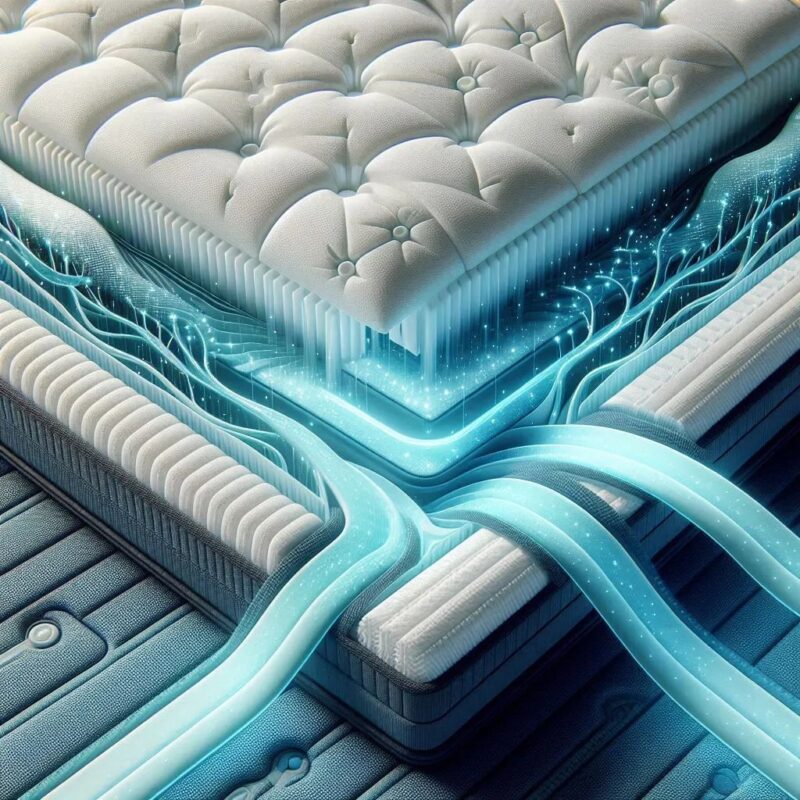 Illustration of a king-size bed mattress with a plush top layer and glowing blue streams highlighting multiple layers