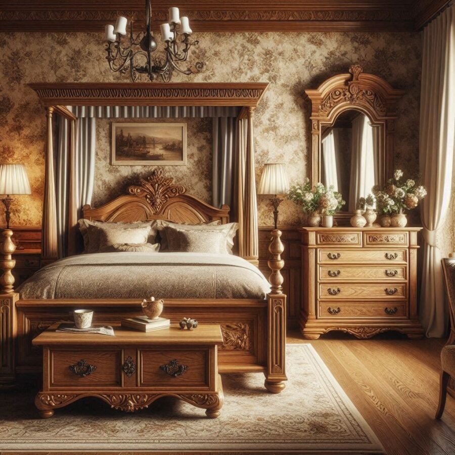 Luxurious bedroom with a oak bed frame king size and vintage-style wooden furniture.