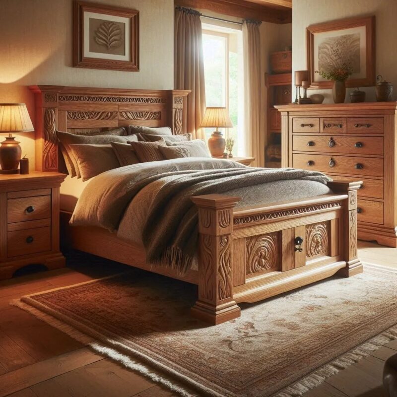 Cozy bedroom with an ornate oak bed frame king size, surrounded by matching wooden furniture.