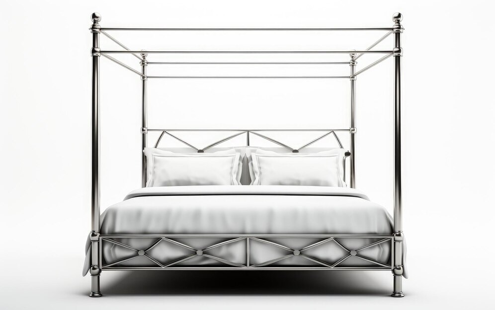 Super king metal bed frame with a canopy and white bedding.