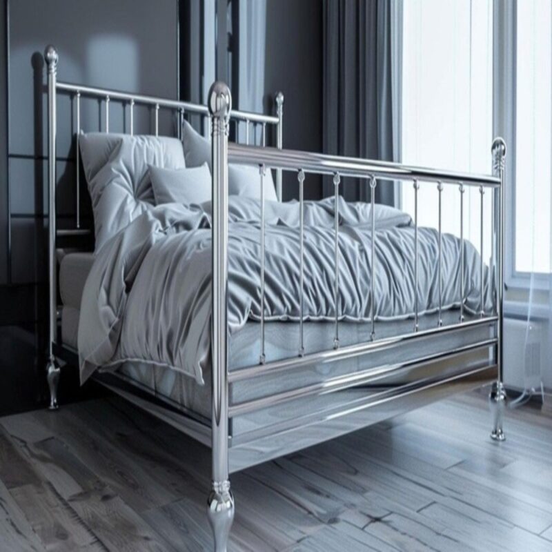 Super king metal bed frame with chrome finish and light gray bedding in a modern bedroom.