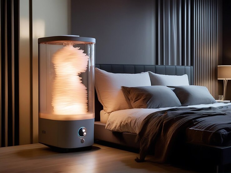 A modern bedroom with a smart bed and a glowing cylindrical device.