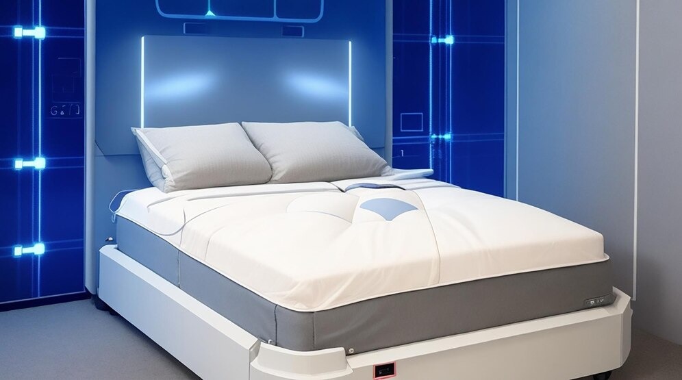 A modern smart bed with ambient lighting in a futuristic bedroom setting.