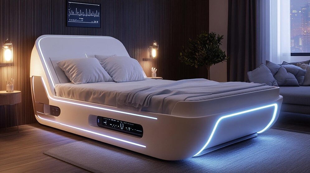 A modern smart bed with LED lighting and a digital control panel in a cozy bedroom setting.