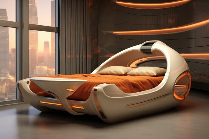 Futuristic smart bed with a curved ivory frame and orange lighting in a modern room with large windows.