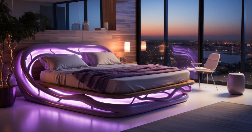 Modern bedroom with a futuristic smart bed illuminated by purple lights, overlooking a city skyline at sunset.