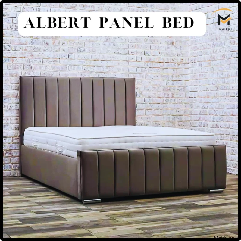 A luxury Albert panel super king bed with a gray tufted headboard and a white mattress.