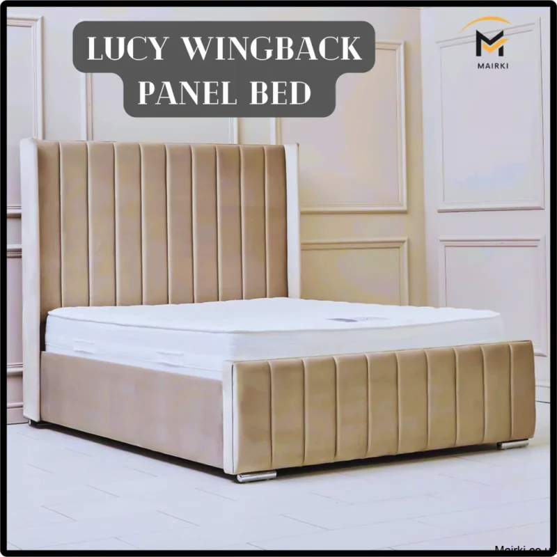 A luxury Lucy Wingback panel super king bed with a beige tufted headboard and a white mattress.