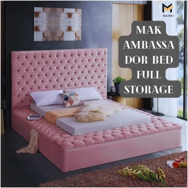 A pink tufted Super King Size Bed Frame with full storage and white bedding in a modern bedroom.