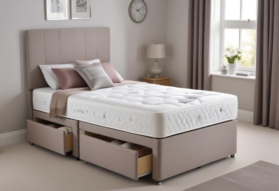 Bedroom with a wooden single bed featuring storage drawers, beige headboard, and white tufted mattress.