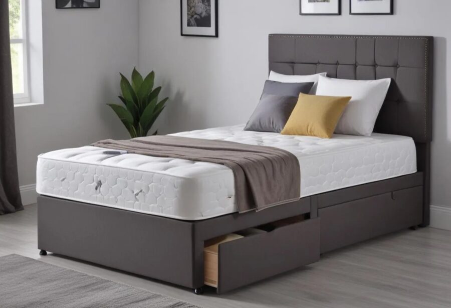 Modern bedroom with a wooden single bed, upholstered headboard, and storage drawer beneath.