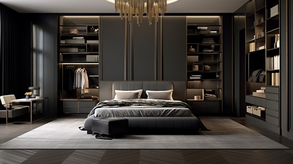 Modern bedroom with black ottoman bed and floor-to-ceiling shelving.