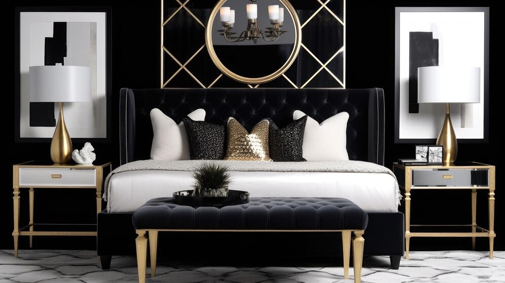 Elegant bedroom with a black ottoman bed, gold-accented furnishings, and monochromatic decor.