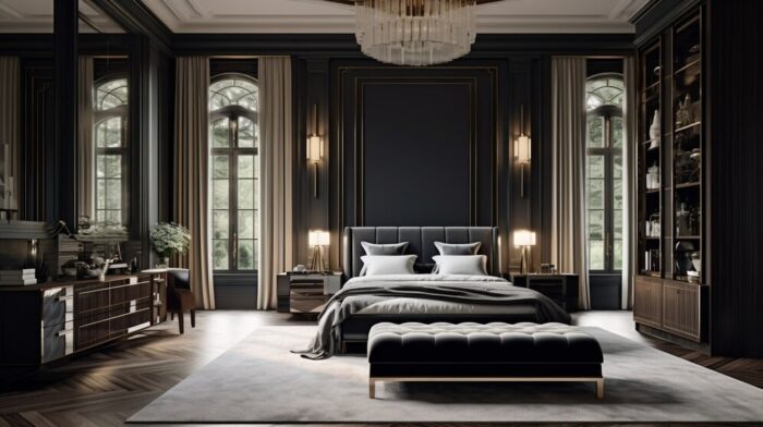 Luxurious bedroom with a black ottoman bed and elegant dark