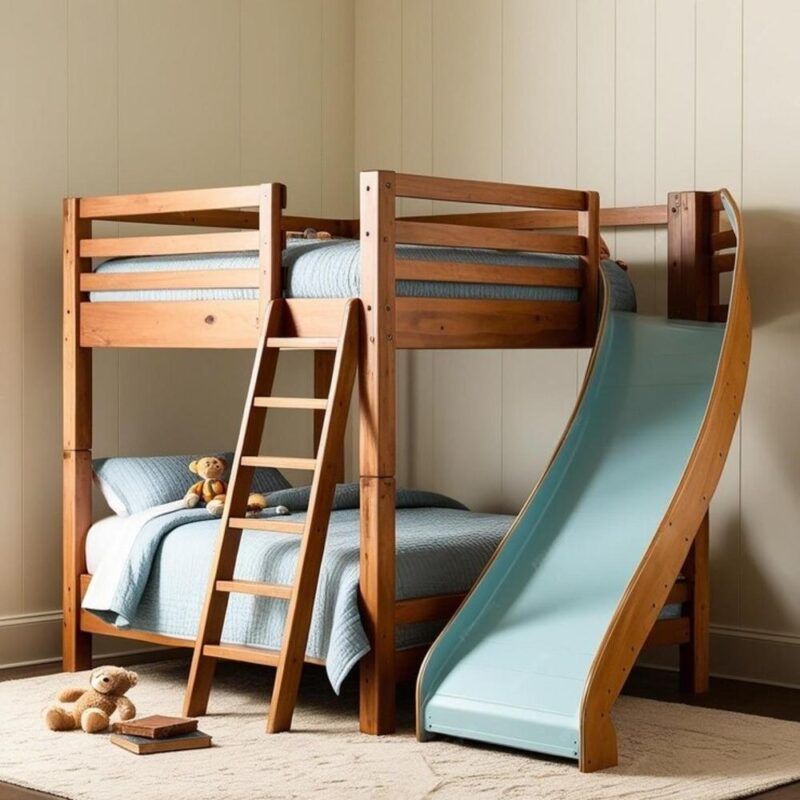 Wooden bunk bed with slide and blue bedding.