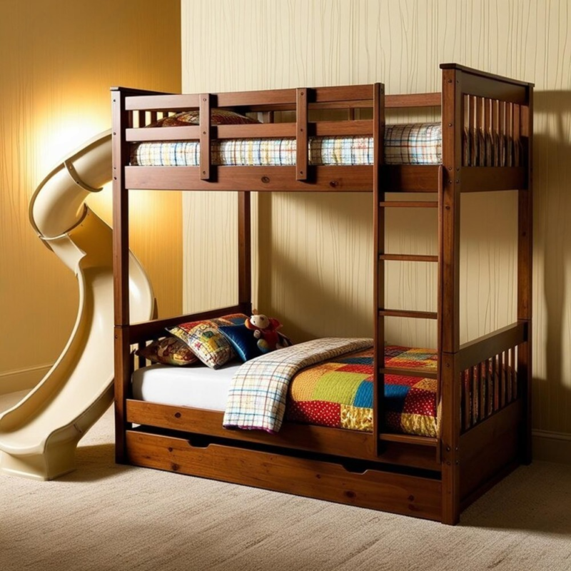 Wooden bunk bed with slide in a bedroom.