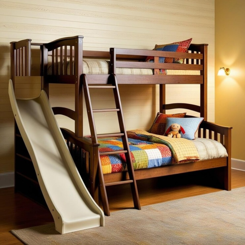 Bunk bed with slide, wood structure, colorful bedding.