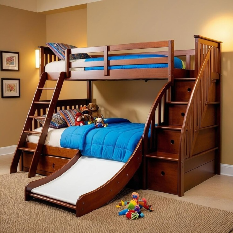 Wooden bunk bed with a slide and stairs featuring built-in drawers in a cozy bedroom.