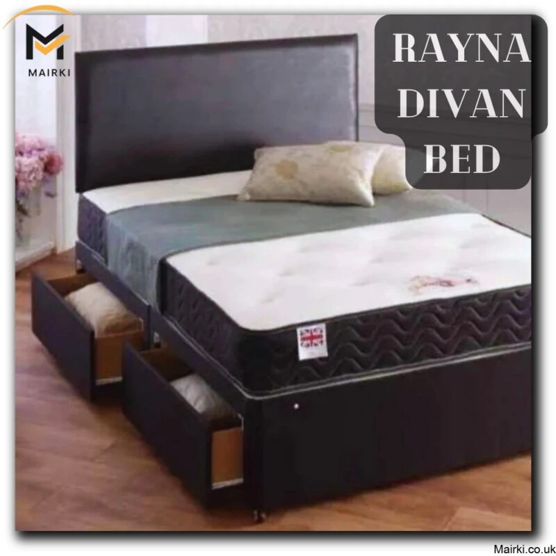 Divan ottoman bed with storage drawers and black headboard.