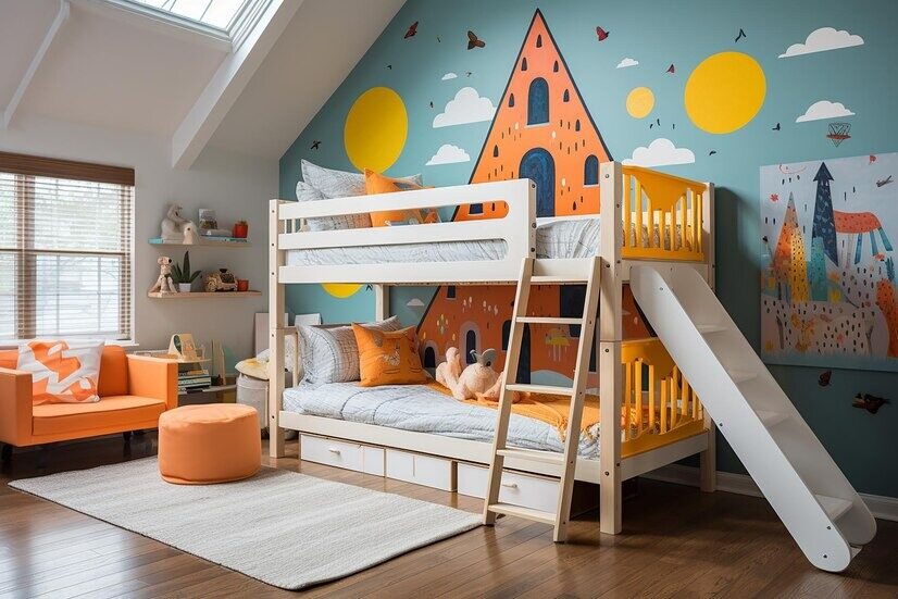 Children's room with a kids bed with slide, a colorful mural wall, and orange accents.