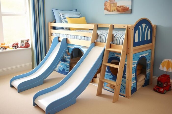 Kids' bed with slide featuring a nautical-themed loft design in a children's room.