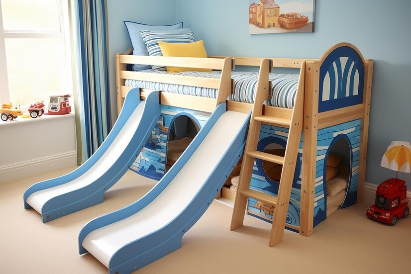 Kids' bed with slide featuring a nautical-themed loft design in a children's room.