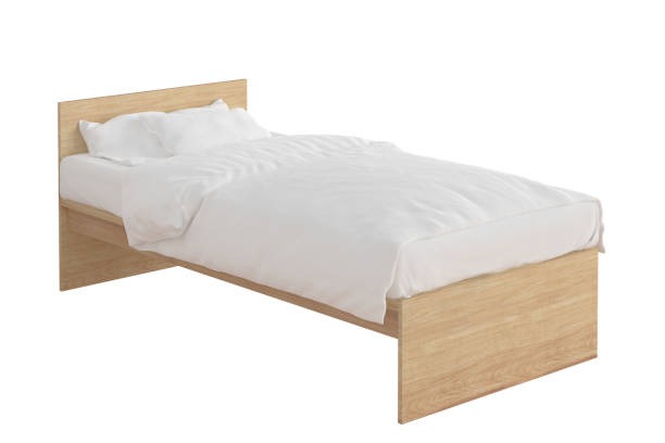 Single wooden bed frame with white bedding.