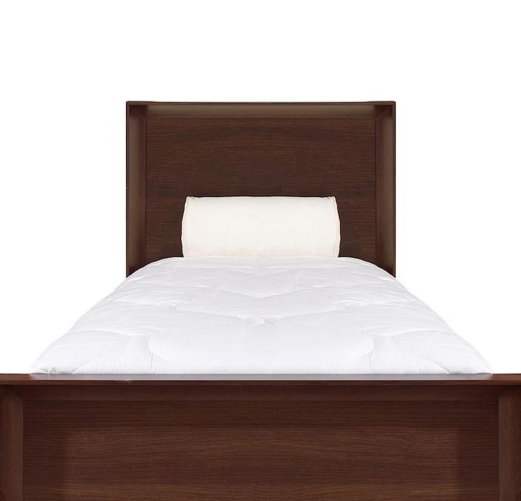 Single wooden bed frame with a white comforter and pillow.